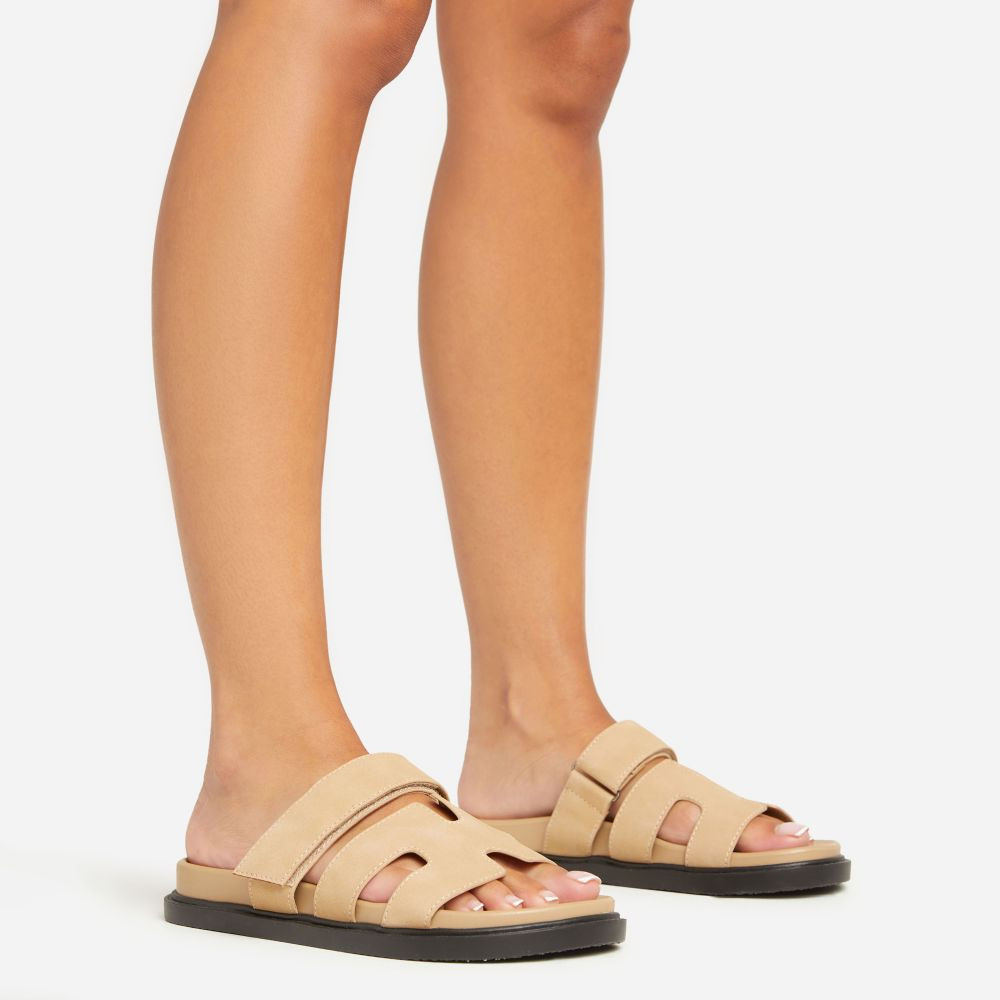 Valerie Gladiator Velcro Strap Flat Slider Sandal In Nude Faux Suede | EGO (UK)