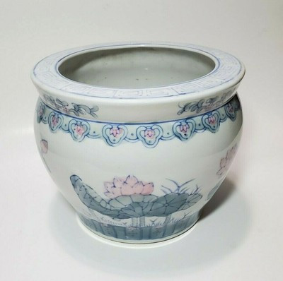 Vtg Chinese Koi Fish Bowl Jardiniere Ceramic Planter Blue Pink Lotus Flowers 8" | eBay AU