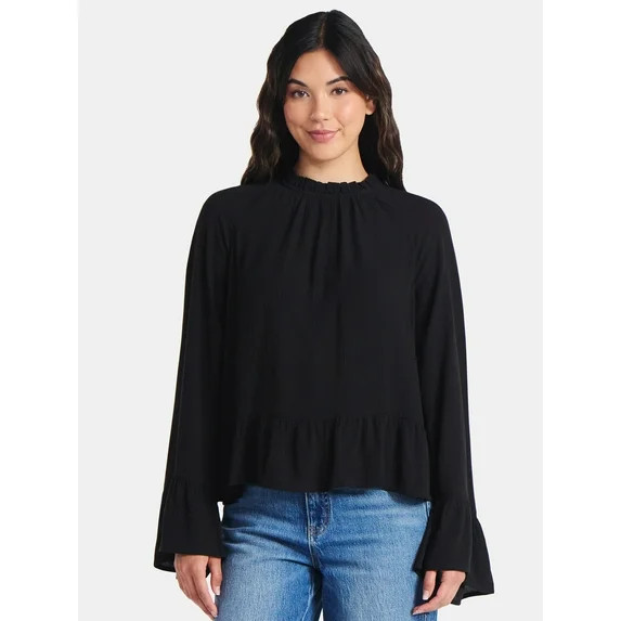 Time and Tru Women's Ruffle Neck Blouse with Long Bell Sleeves, Size XS-XXXL | Walmart (US)