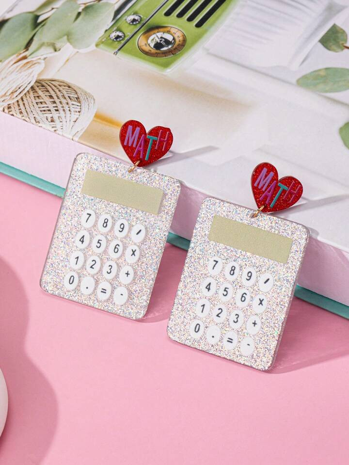 1pair Teacher's Day Style Earrings, Shiny Acrylic Love & Calculator Design, Women's Holiday Party... | SHEIN