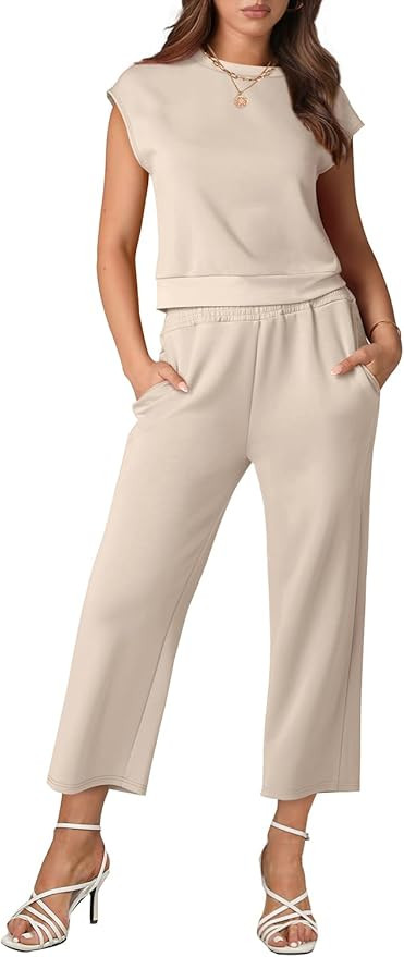 WIHOLL Two Piece Outfits for Women Summer Lounge Sets Cap Sleeve Top Wide Leg Pants Set Casual | Amazon (US)