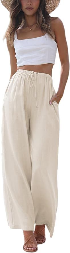 Faleave Women's Cotton Linen Summer Palazzo Pants Flowy Wide Leg Beach Trousers with Pockets | Amazon (US)