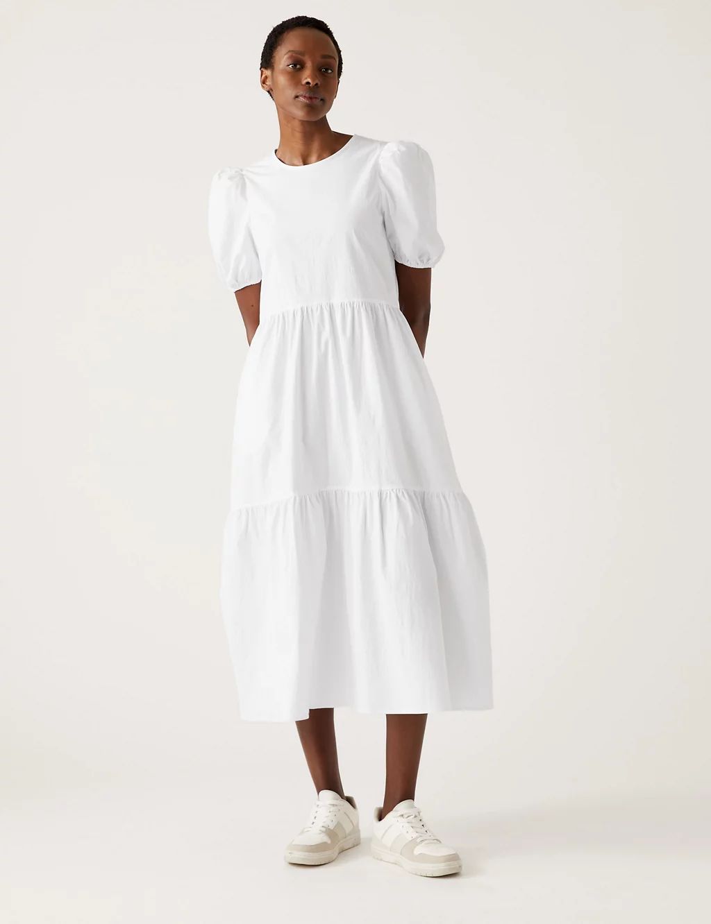 Cotton Rich Puff Sleeve Midi Tiered Dress | Marks & Spencer (UK)