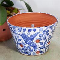 Large Orchid Planter With Hummingbird & Flower Design, Handmade Terracotta Blue White Glaze, Extra Holes For Health | Etsy (US)