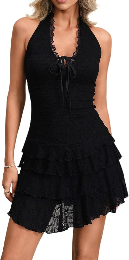 HYPERFIRE Women's Halter Backless Lace Western Cowgirl Dress Layered Hem Festival Outfit | Amazon (US)