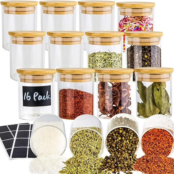 16 Piece Glass Jars with Lids, Airtight Bamboo Lids Food Storage Containers Set For Kitchen, Spic... | Amazon (US)