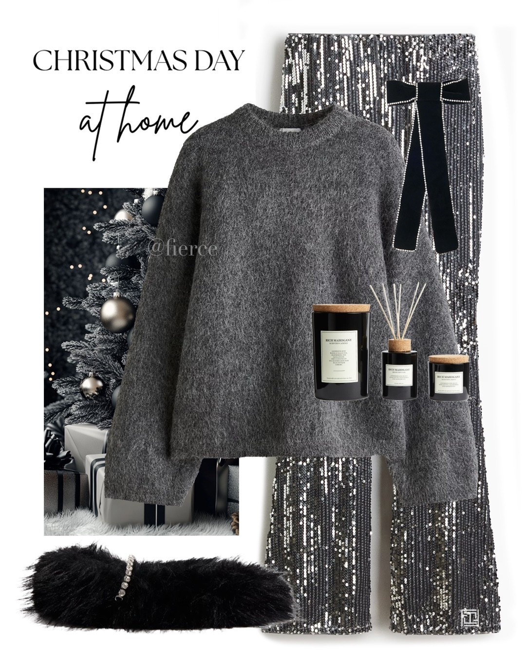 Silver sequin trousers grey mohair jumper black faux fur ballet flat slippers black hair bow Christmas Day outfit 

#LTKfestive #LTKeurope #LTKuk