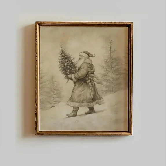 Vintage Christmas Santa Poster Santa Holding Tree Drawing Winter Forest Painting Wall Art For Liv... | Walmart (US)
