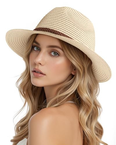 Beach Hats for Women - Sun Straw Fedora Hats for Women, Packable Sun Hat Womens with Chin Strap, UPF 50+ Sun Protection, Beige | Amazon (US)