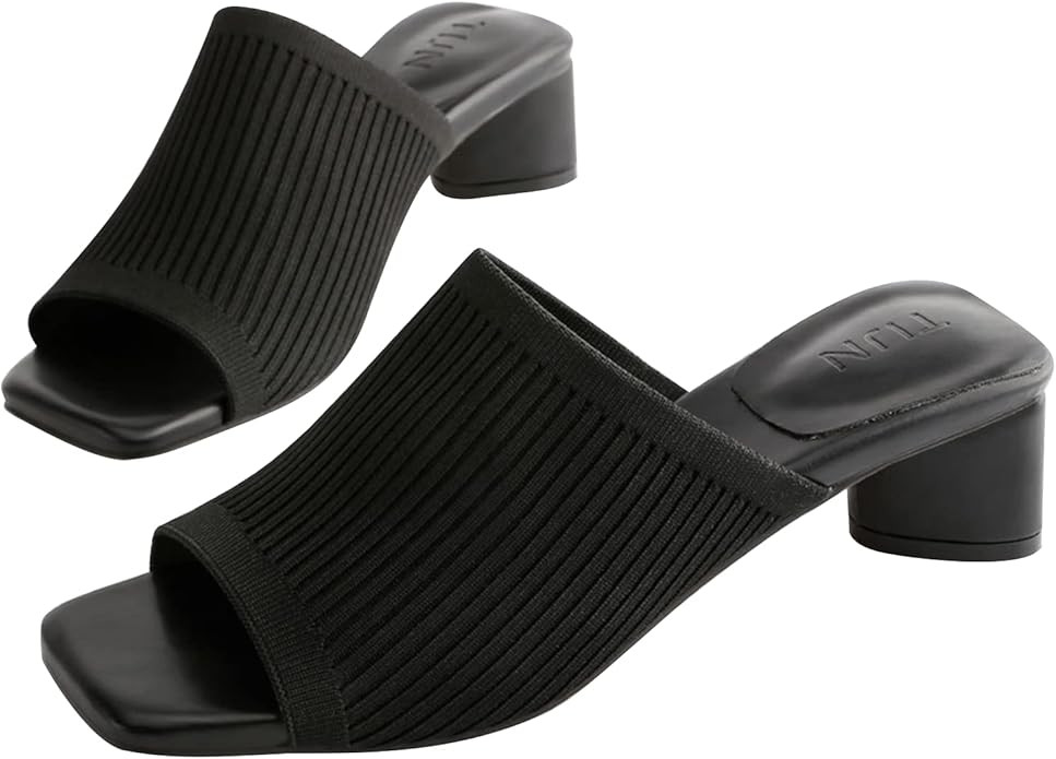 TIJN Open Toe Heeled Mules for Women Square Low Block Heels Sandals Breathable Knit Slides Sandal... | Amazon (US)