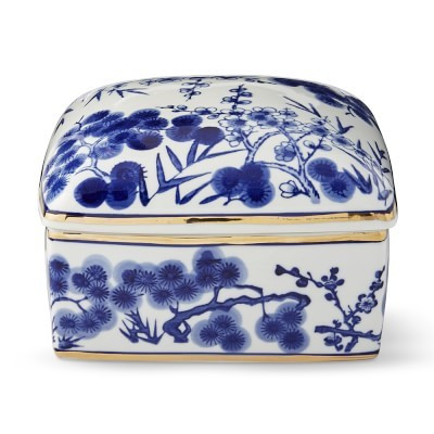 Chinoiserie Ceramic Jewelry Box, Bamboo Motif, Square, Blue and White | Williams-Sonoma