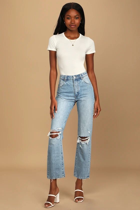 Original Straight Light Wash High Rise Distressed Denim Jeans | Lulus (US)