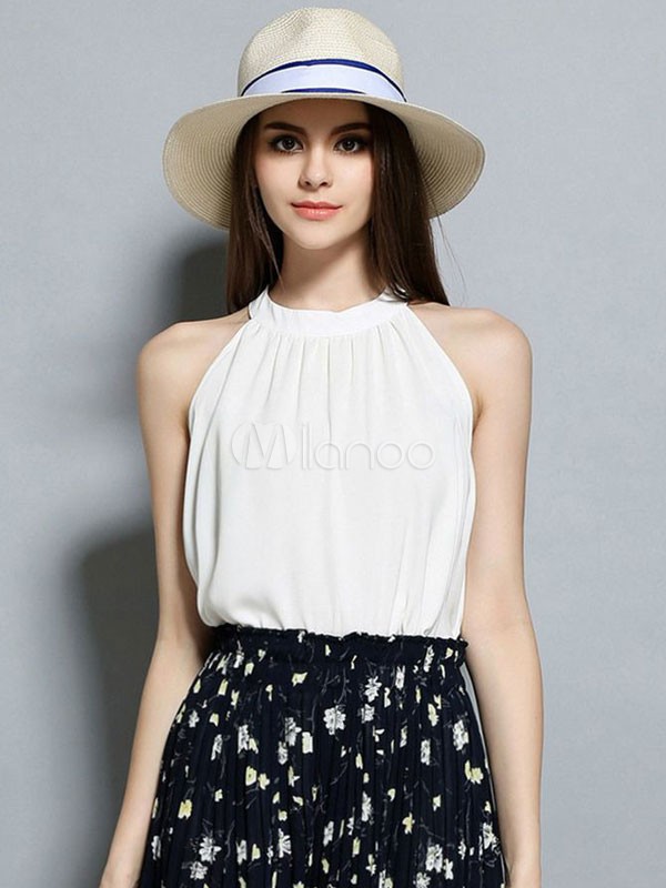 White Chiffon Blouse Women's Sleeveless Draped Top | Milanoo