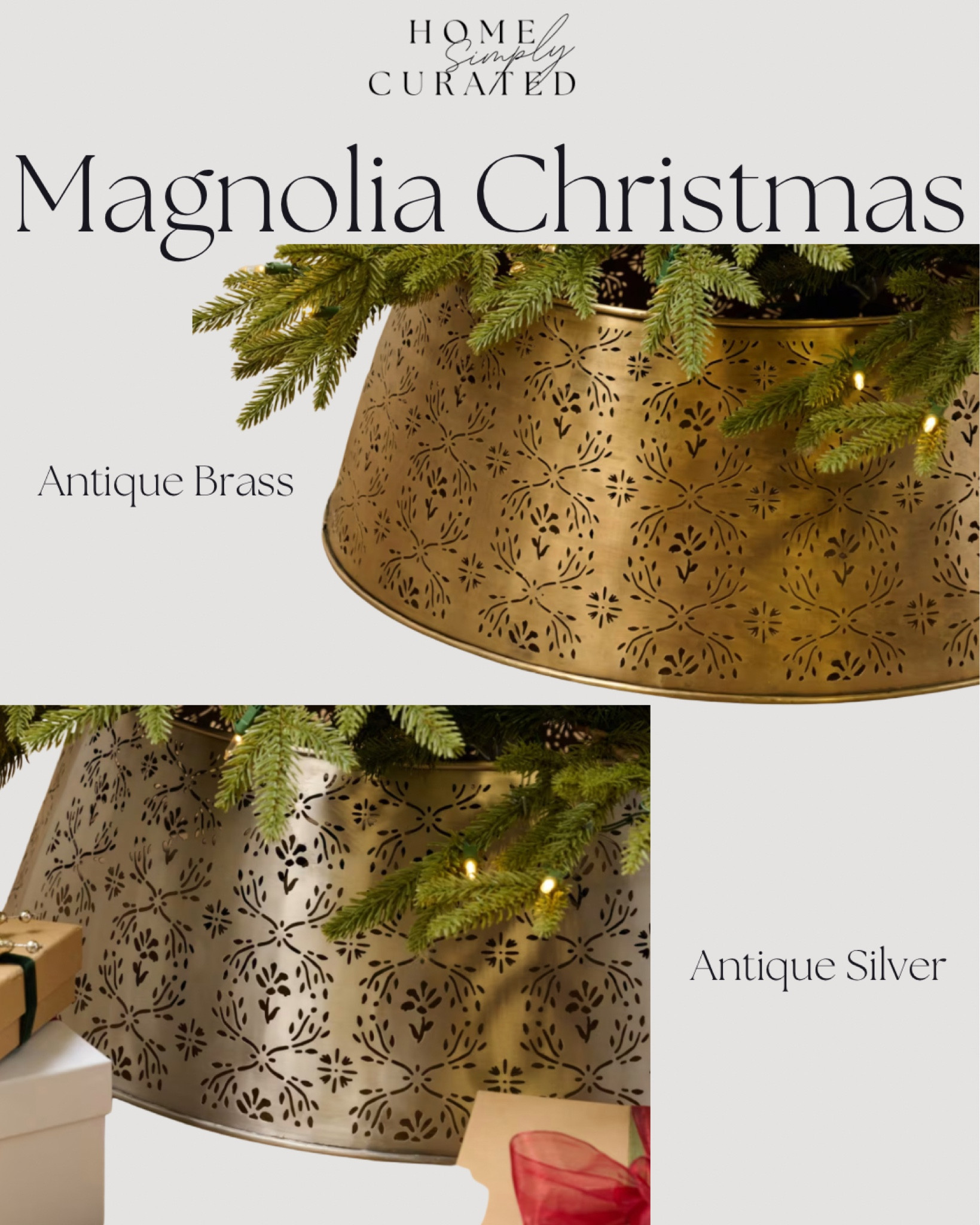 Tree collars! Silver tree collar, brass tree collar. I love them both! I think I’m going to order the brass! Christmas decor, Christmas tree skirt, Christmas 2024, magnolia home Christmas 

#LTKHome #LTKSeasonal #LTKFindsUnder100