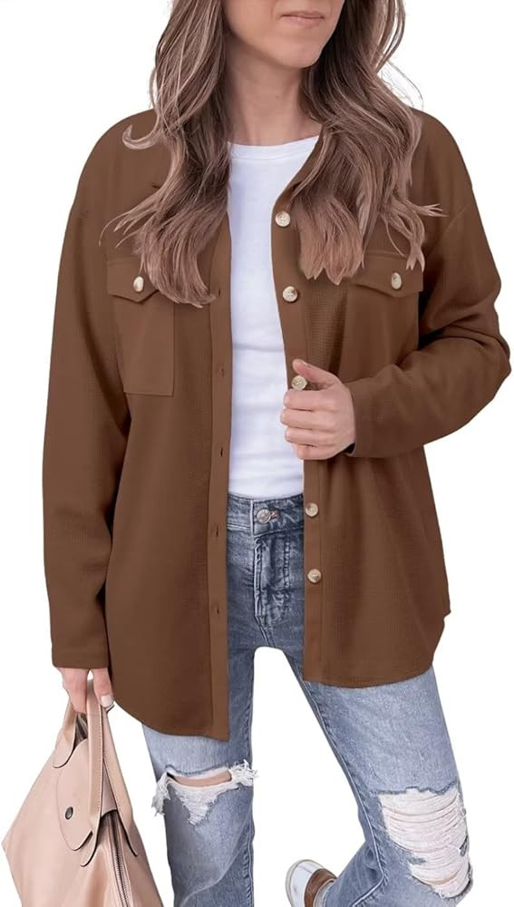 DARKRANI Women's Waffle Knit Shacket Boyfriend Shirt Jacket Long Sleeve Blouse Button Down Oversi... | Amazon (US)