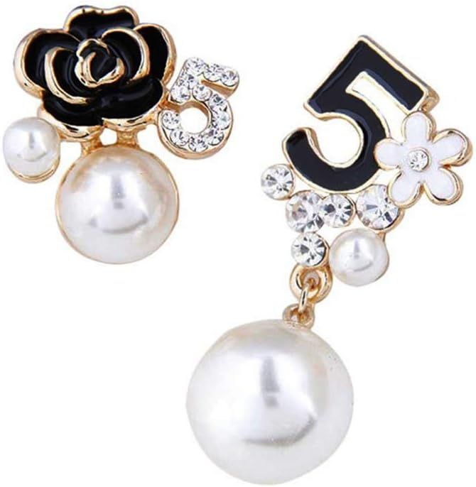 Faux Imitation Pearl White Black Floral Dangle Drop Earrings Studs | Amazon (US)