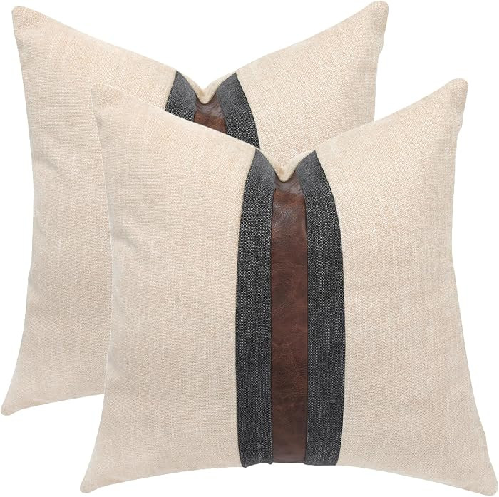 Set of 2 Leather Throw Pillow Covers Cotton Linen Decor Patchwork Pillow Cover Faux Leather Pillows Cover for Couch Sofa Living Room Bedroom,Beige 18"x18" | Amazon (US)
