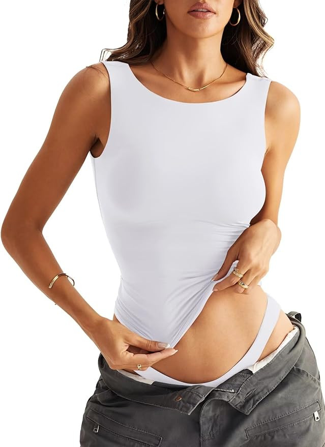 Women Sleeveless Boat Neck Tops Double Lined Backless Tank Tops Basic Fitted T Shirts 2025 | Amazon (US)