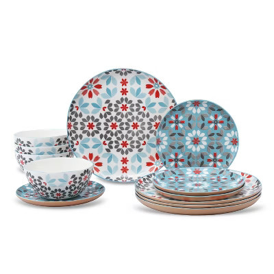 Lorren Home Trends Floral Bone China Dinnerware Set, 12 Piece Service for 4, Blue Red Gray Pattern, Dishwasher Microwave Safe | Target