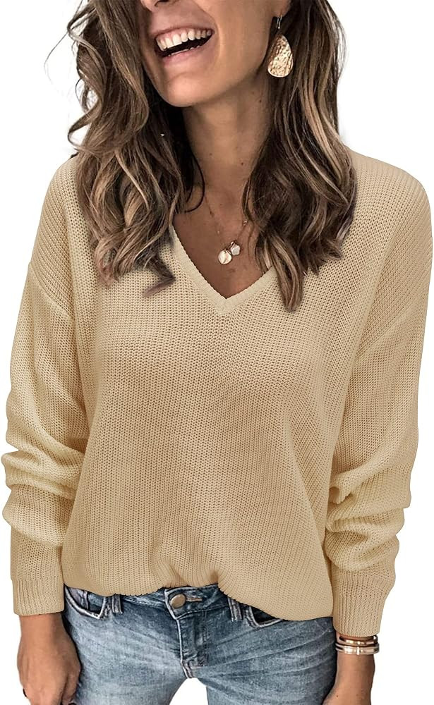II ININ Women's Sweaters 2023 Fashion Casual V Neck Long Sleeve Knit Top Lightweight Loose Fit Pullo | Amazon (US)