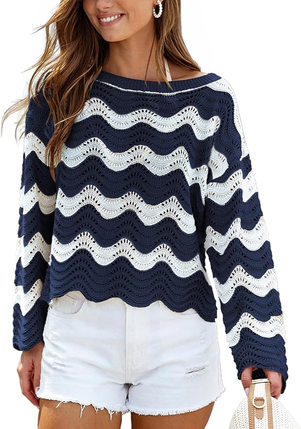 CUPSHE Women's Crochet Cover Up Top Long Sleeve Striped Beach Cover Up Summer Casual Knit Tops fo... | Amazon (US)