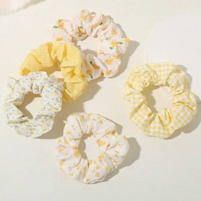 5pcs Sweet & Lovely Yellow-Colored Hair Scrunchies Set For Girls, Suitable For Daily Life And Vacation | SHEIN