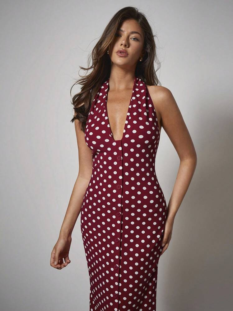COSMINA Women's Elegant V-Neck Polka Dot Belted Dress, Early Autumn,Date Night Outfits Women,Going Out Outfits,Birthday Dresses For Women,Dress For Wedding Guest | SHEIN