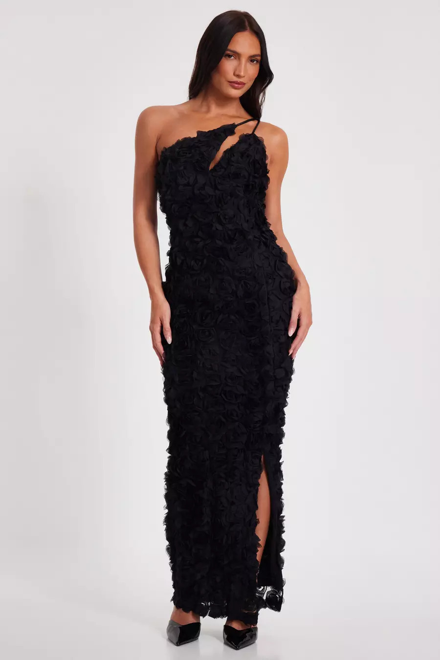 Black One Shoulder Floral Maxi Dress | Quiz Clothing