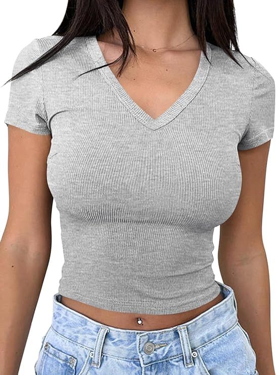 TICTICMIMI Women's Summer V Neck Crop Tops Basic Short Sleeve T Shirts Ribbed Knit Fitted Y2K Tee... | Amazon (US)