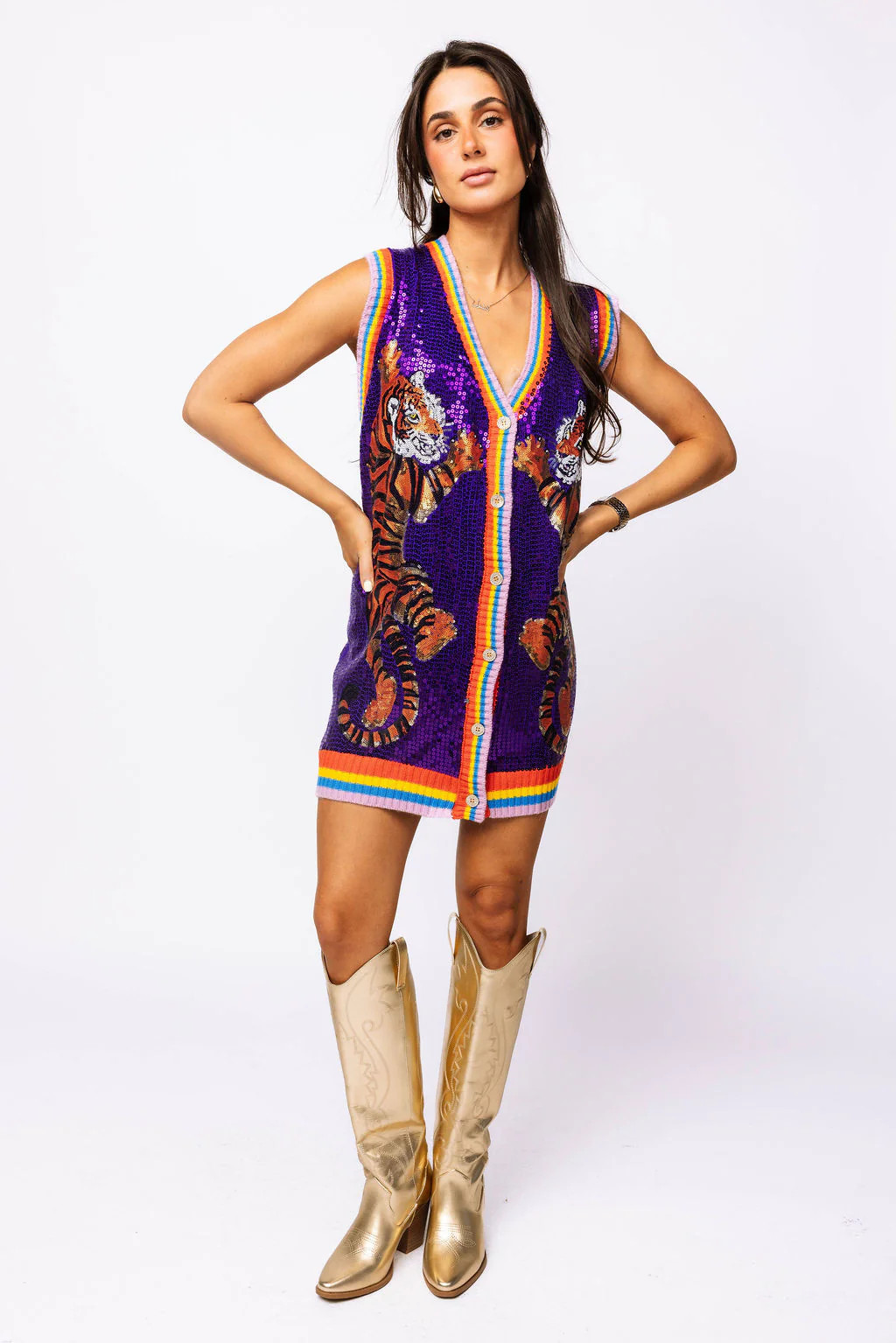 SAMPLE Purple Rainbow Trim Full Sequin Tiger Vest Dress | Queen of Sparkles