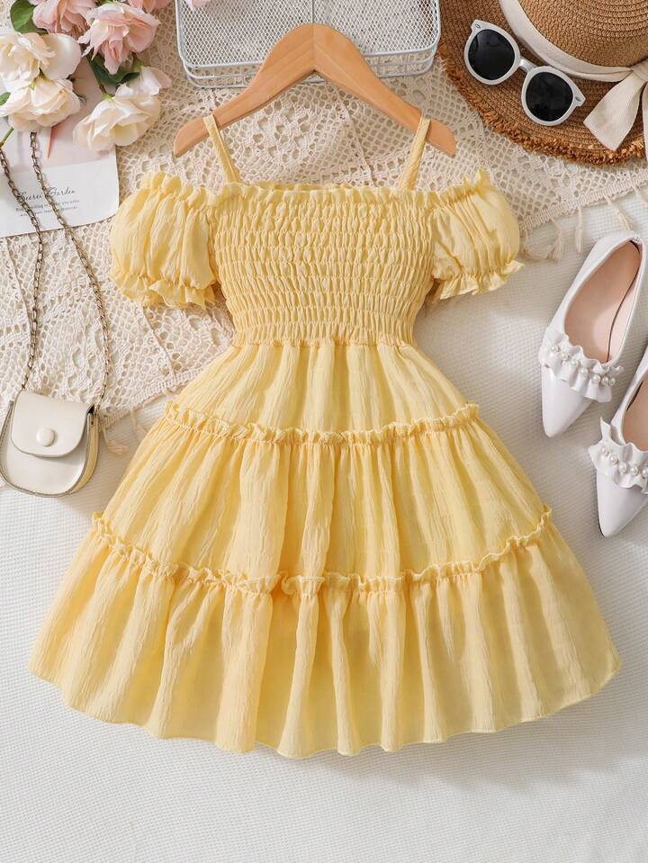 SHEIN Young Girl Solid Cold Shoulder Shirred Bodice Frill Trim Dress | SHEIN
