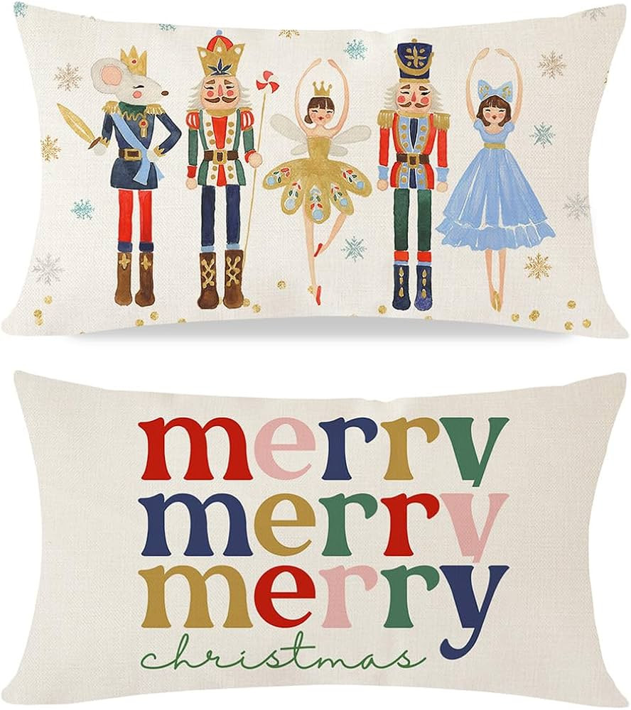Merry Christmas Throw Pillow Covers 12x20 Inch Set of 2 Nutcracker Christmas Decor Xmas Winter Ho... | Amazon (US)