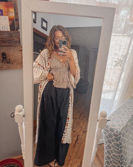 A comfy boho ootd to lash my girls in 🫶🏼 

Wide leg boho pants from SHEIN 
Top is actually a TikTok shop find but I also found one on Amazon! 
Kimono is Amazon 
Shoes are Walmart 

#LTKStyleTip #LTKWorkwear #LTKxWalmart