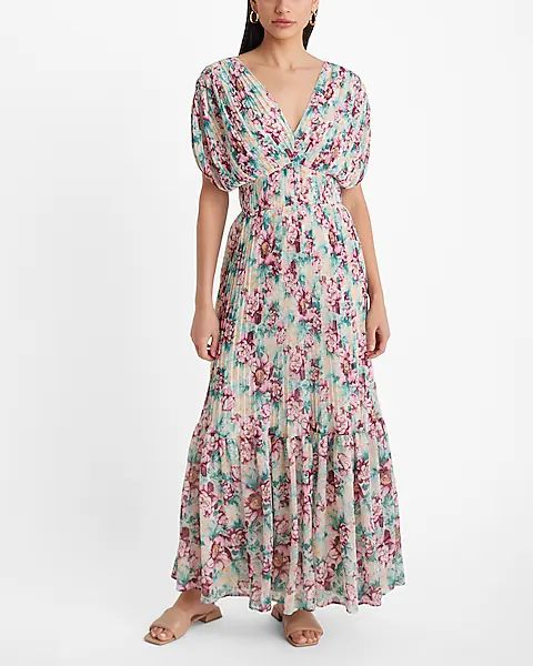 Floral Pleated V-Neck Ruched Sleeve Tiered Maxi Dress | Express