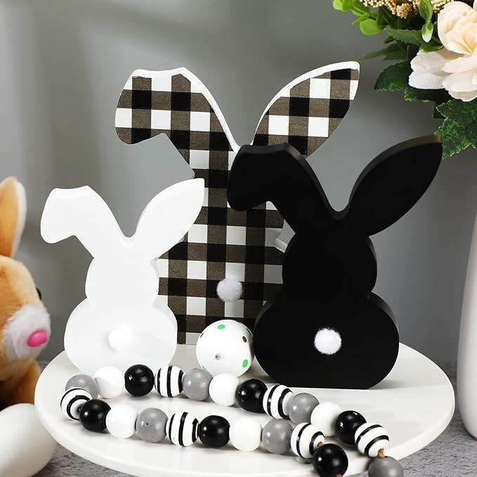 3 pcs Easter Bunny Table Wooden Signs Decor Spring Farmhouse Wood Bunnies Buffalo Plaid Bunny Cut... | Amazon (US)