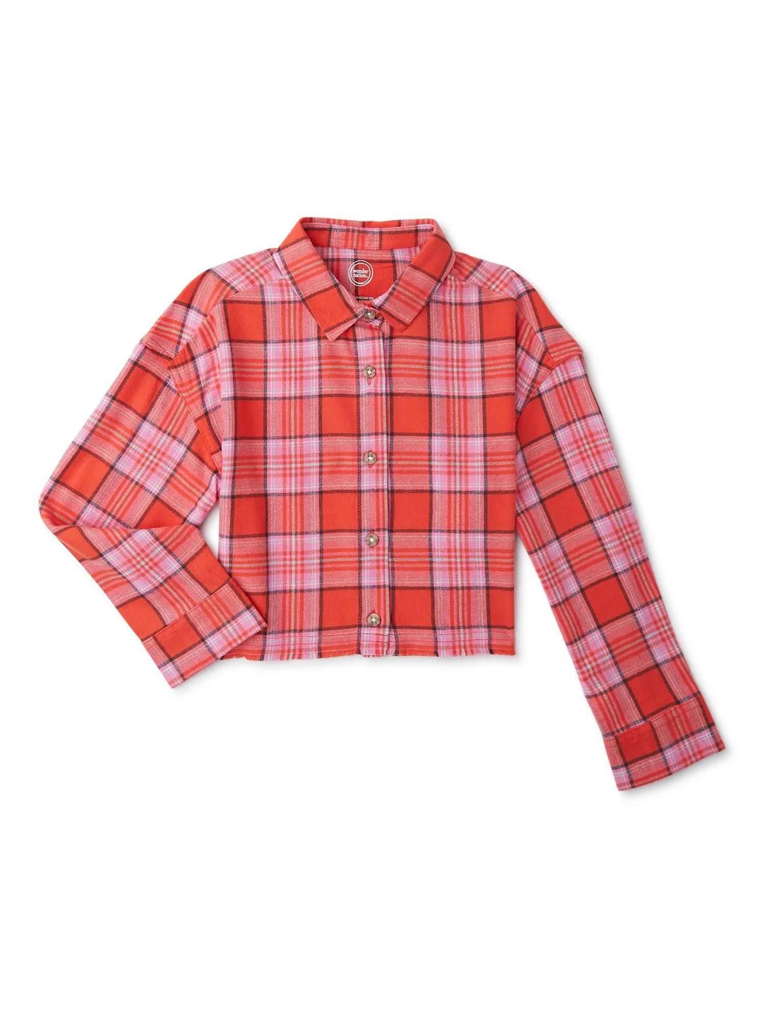 Wonder Nation Girls Long Sleeve Cropped Flannel Shirt, Sizes 4-18 & Plus - Walmart.com | Walmart (US)