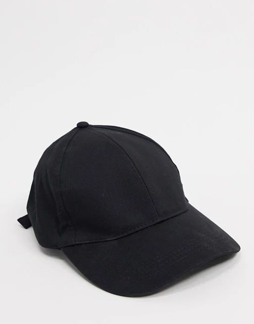 ASOS DESIGN plain baseball cap with improved fit in black | ASOS (Global)