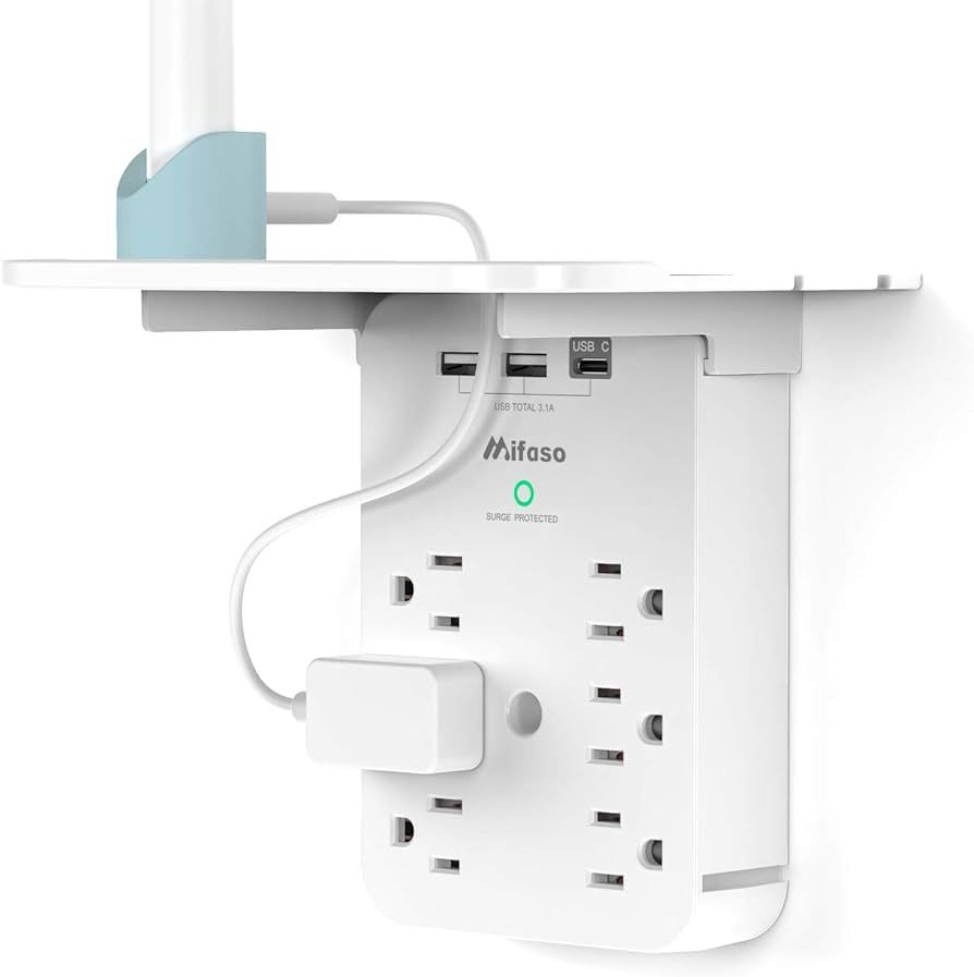 Wall Outlet Extender - Surge Protector 6 AC Outlets Multi Plug Outlet with Shelf, 2 USB and USB C... | Amazon (US)