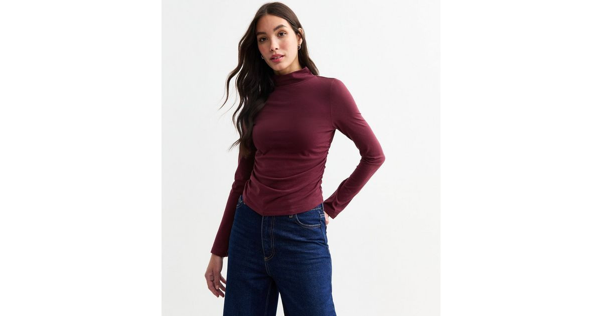 Burgundy High Neck Ruched Long Sleeve Top | New Look | New Look (UK)