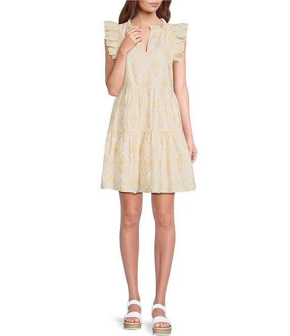 Split V-Neck Ruffle Cap Sleeve Tiered Embroidered Mini Dress | Dillard's