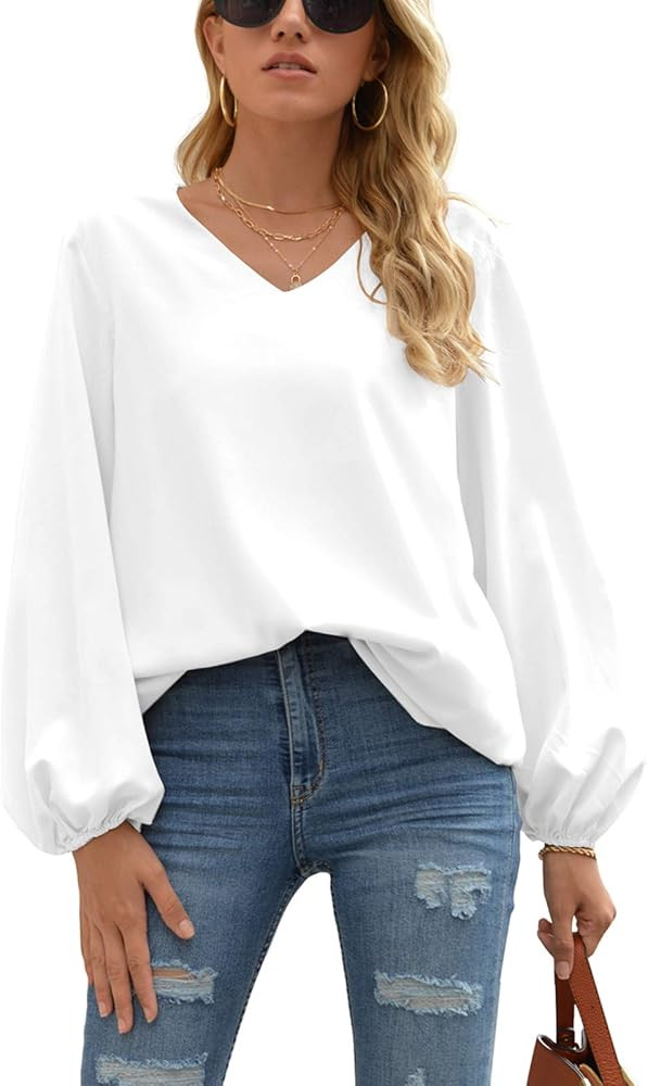 WANGZHI Women's Casual Sweet & Cute Loose Shirt Balloon Sleeve V-Neck Blouse Top | Amazon (US)