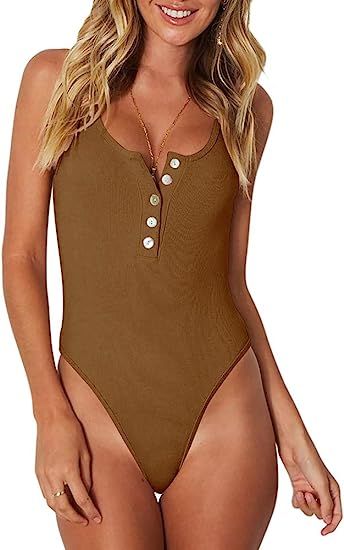 REORIA Women's Sexy Scoop Neck Racerback Tank Top Button Down Bodysuits | Amazon (US)