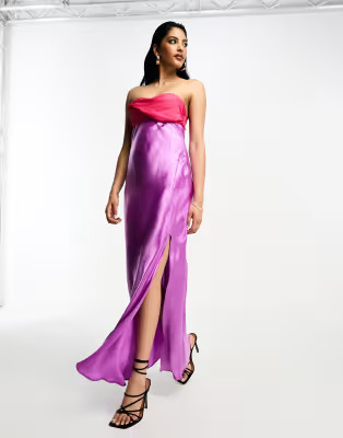 ASOS DESIGN twist front bandeau maxi dress in satin and chiffon mix and side split in purple | ASOS (Global)