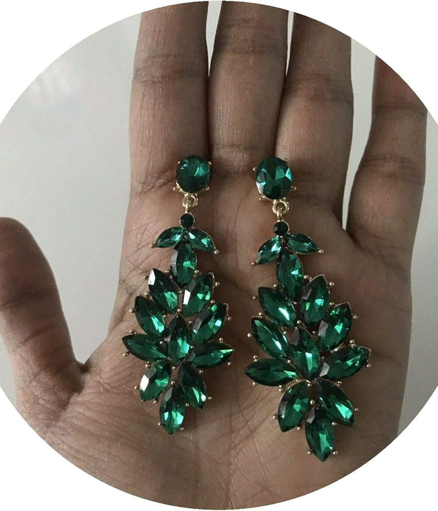 2.5" Green Emerald Gold Long Crystal Pageant Bridal Earrings Formal Rhinestone | Amazon (US)
