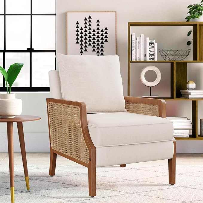 HAOBO Home Mid Century Modern Accent Chair Upholstered Living Room Chairs Armchair with Rattan Ar... | Amazon (US)