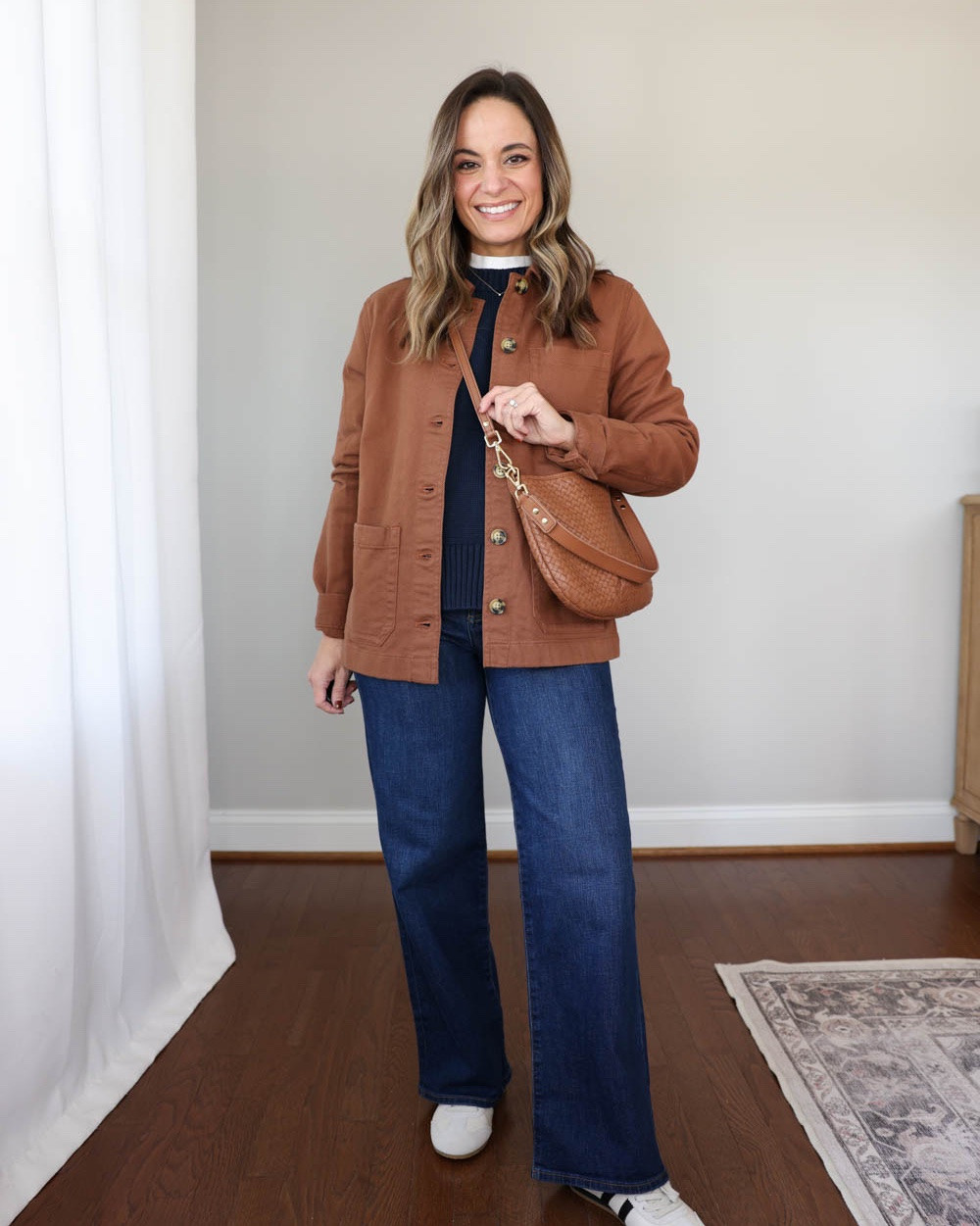 Petite-friendly orange tops I’m loving for fall!

Outfit 1:
Chore jacket (Quince): xs - sleeves worn cuffed
Jeans (JC Factory): petite 24 / 10.5" rise / 28” inseam
Navy sweater (Quince): xs
T-Shirt (Old Navy): petite xs
Sneakers (Quince): size up 1/2 size

Outfit 2:
Orange Top (Madewell): xxs
Ecru Jeans (Madewell): 24 / 10 7/8" rise / 27" inseam (they also come in petite with a 10 3/8" rise / 25" inseam)
White T-Shirt (Old Navy): petite xs
Ballet flats (Madewell): tts

Outfit 3:
Orange Cardigan (Quince): xs
Brown Wide Leg Pants (BR Factory): petite 00 (doubleweave is sold out in brown, linking in black, similar option in the Hayden Pants)
Chocolate brown bag (Quince)
Brown heels (Sam Edelman): tts

For size comparison, I'm 4'10" 105lbs. My measurements are 32", 24", 36" I typically wear petite xxs/00/24 and have a 25" ankle inseam and a 27.5-28" full length inseam.

#LTKSeasonal #LTKPetite #LTKSaleAlert