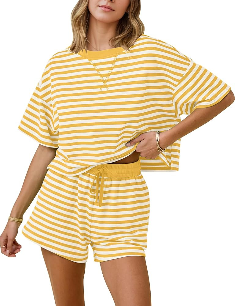 MISSACTIVER Womens Lounge 2 Piece Sets Summer Striped Matching Pajamas Set Short Sleeve Oversized... | Amazon (US)