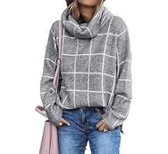 KIRUNDO Winter Women’s Turtleneck Knit Sweater Long Sleeves Pullover Plaid Side Split Checked Outwea | Amazon (US)
