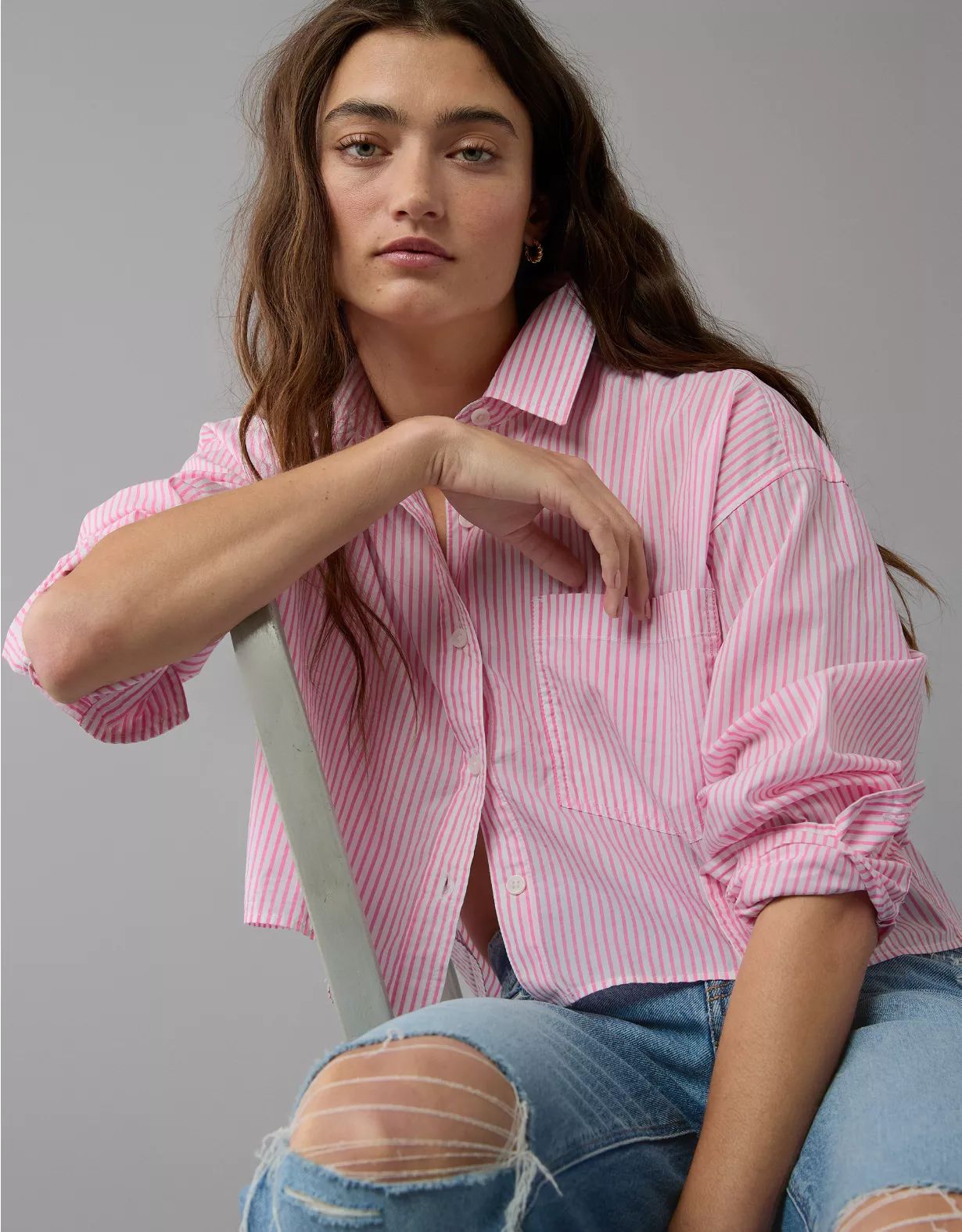 AE Cropped Perfect Button-Up Shirt | American Eagle Outfitters (US & CA)