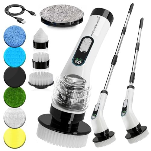 Electric Spin Scrubber for Cleaning, Cordless Power Scrubber with Long Handle, 10 Replaceable Brush Heads, 2-Speed, IPX7 Waterproof for Bathroom, Shower, Tub, Tile & Kitchen | Amazon (US)